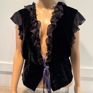 Free People Anna Sui Large Velvet Vest Elegant Black Ruffled Women's Top